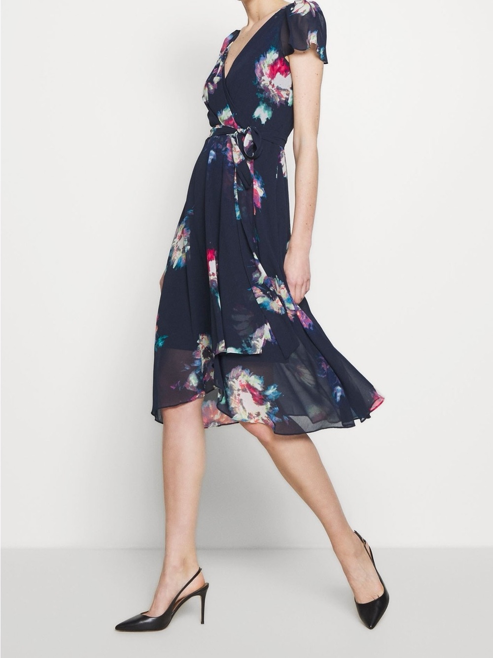 DKNY Navy Floral Wrap Dress with Pink and Teal Accents